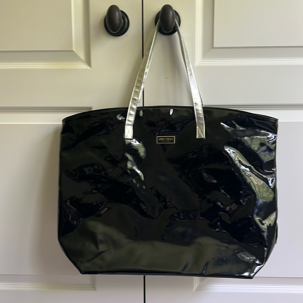 Jimmy Choo Black Shiny Tote Bag with silver straps